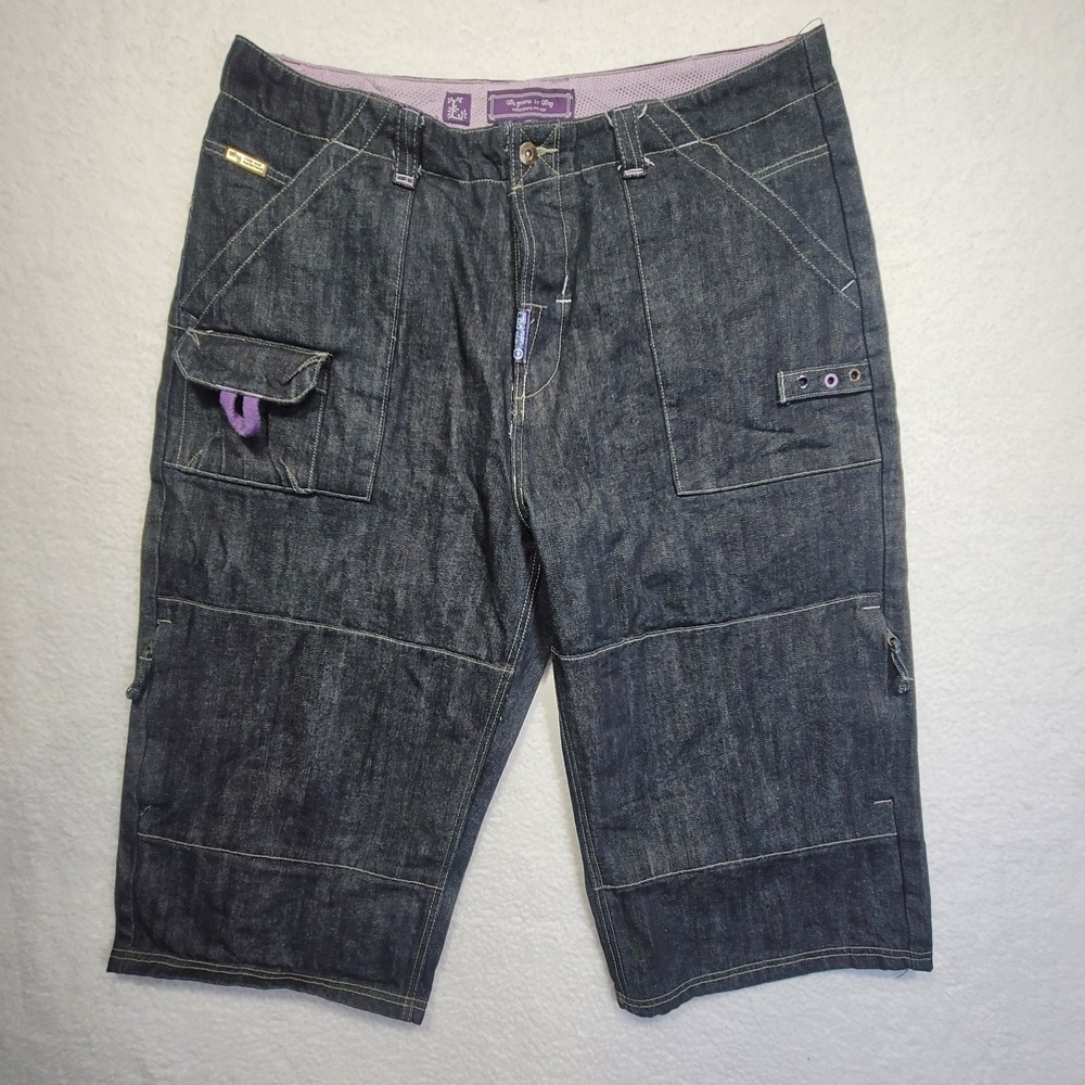 VTG Lifted Research Group LRG Jean Shorts Mens 40 Black Denim Baggy Y2K